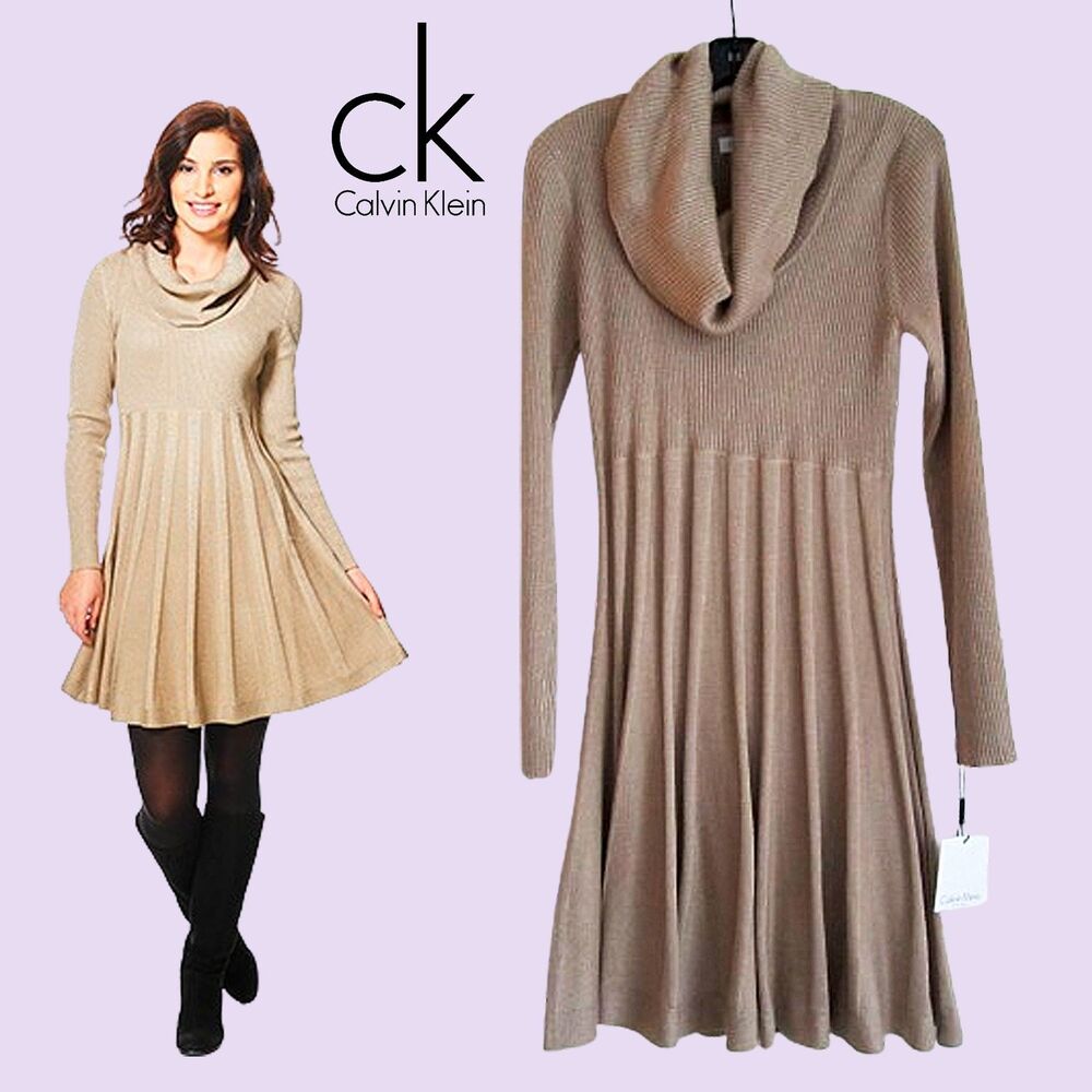 Calvin Klein NEW Glam Metallic Cowl Neck Pleated Fit&Flare Sweater Dress M